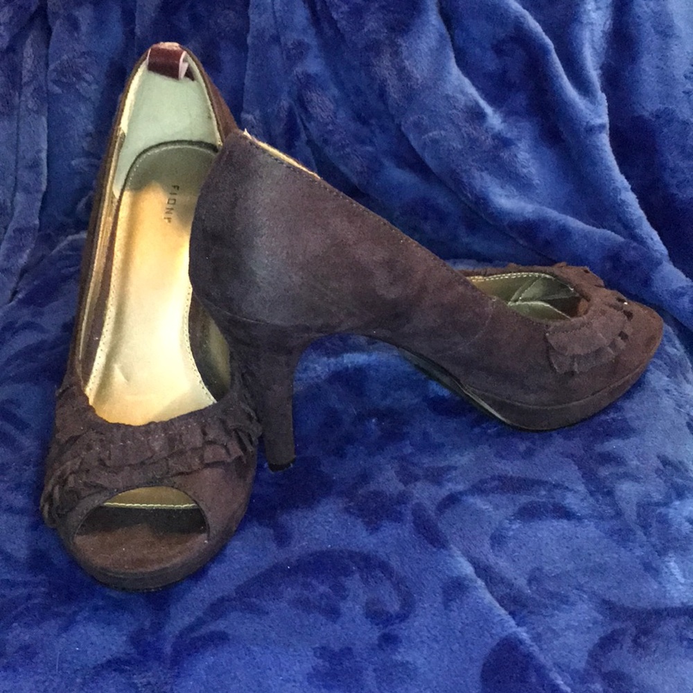 Purple Suede Ruffle Peep Toe Heel